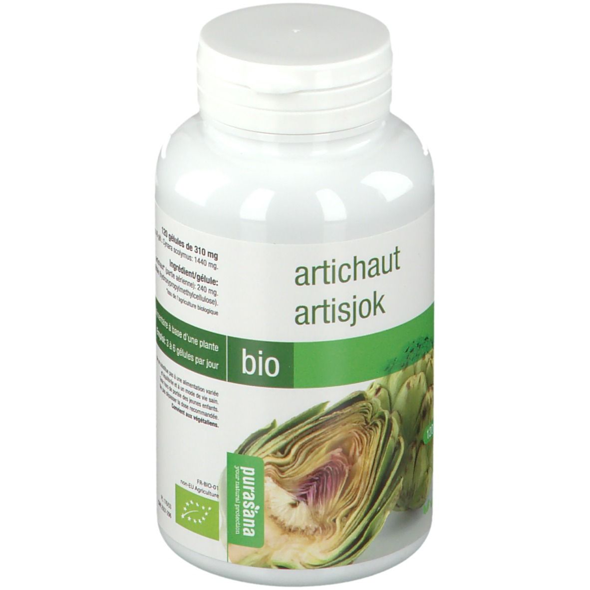 Witte fles met capsules. Opschrift: Artichaut, Bio. Afbeelding van een artisjok. Vegan-keurmerk.