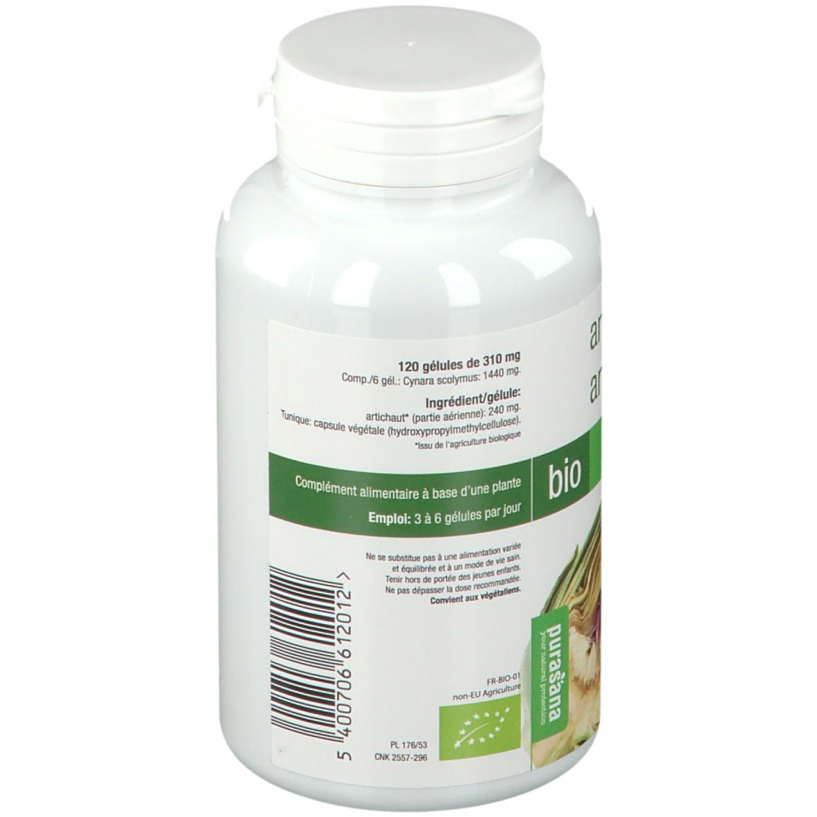 Achterkant van de fles met informatie. Bevat 120 capsules. Ingrediëntenlijst. Vegan-keurmerk. EU-Bio-logo.