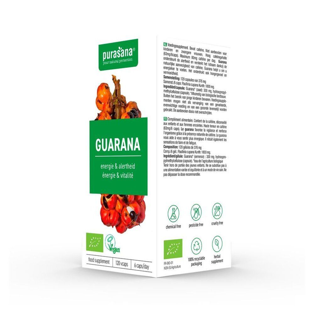Emballage en carton avec texte Guarana, logo et texte. Dos avec texte multilingue. Certification bio et label Vegan.