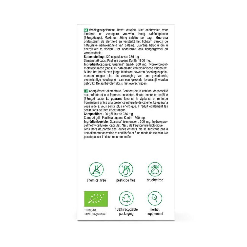 Achterkant van de kartonnen verpakking. Meertalige tekst. Bio-certificering, Vegan-label, 100% recyclebare verpakking.