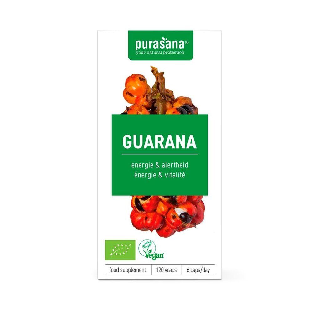 Emballage en carton avec texte Guarana, logo et texte. Certification bio et label Vegan. Design vert et blanc.