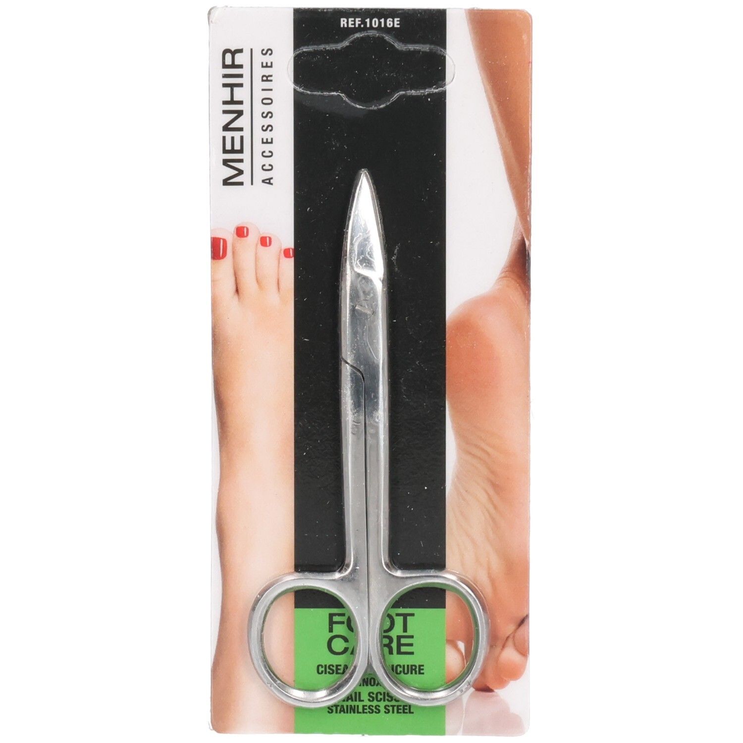 Pedicureschaar van roestvrij staal. Op blisterkaart. Menhir Accessoires. Voetverzorgingsproduct.
