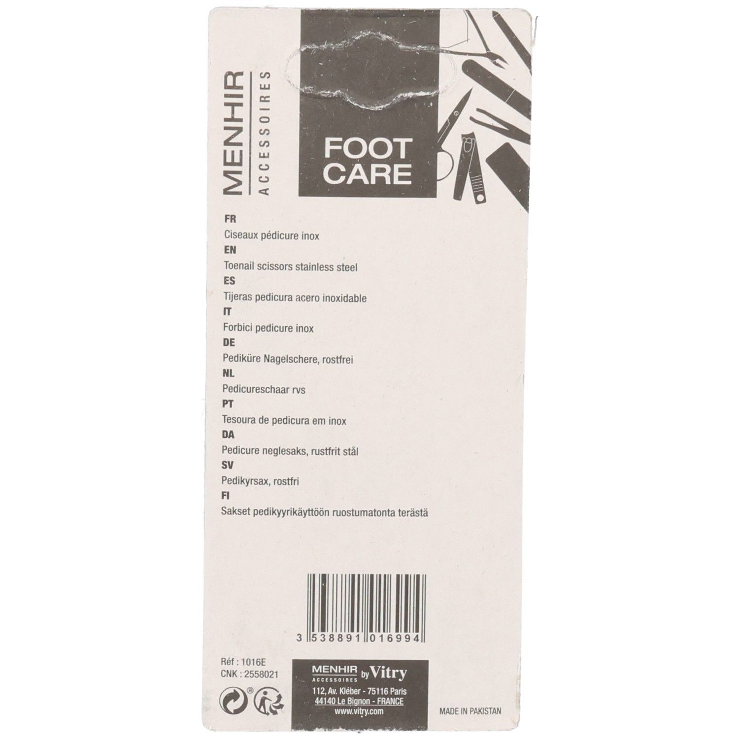 Dos de l'emballage. Texte multilingue. Menhir Accessoires. Code-barres et informations fabricant.