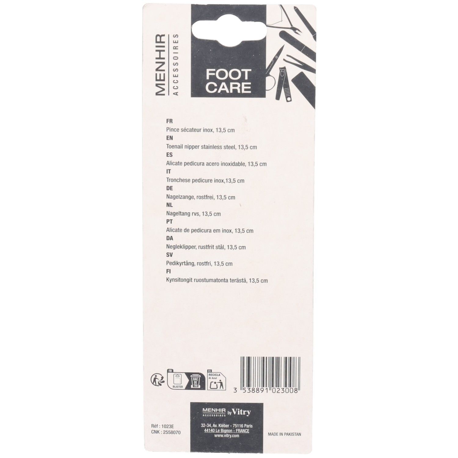 Achterkant blisterkaart. Menhir Accessoires. Voetverzorging. Productinformatie en barcode.