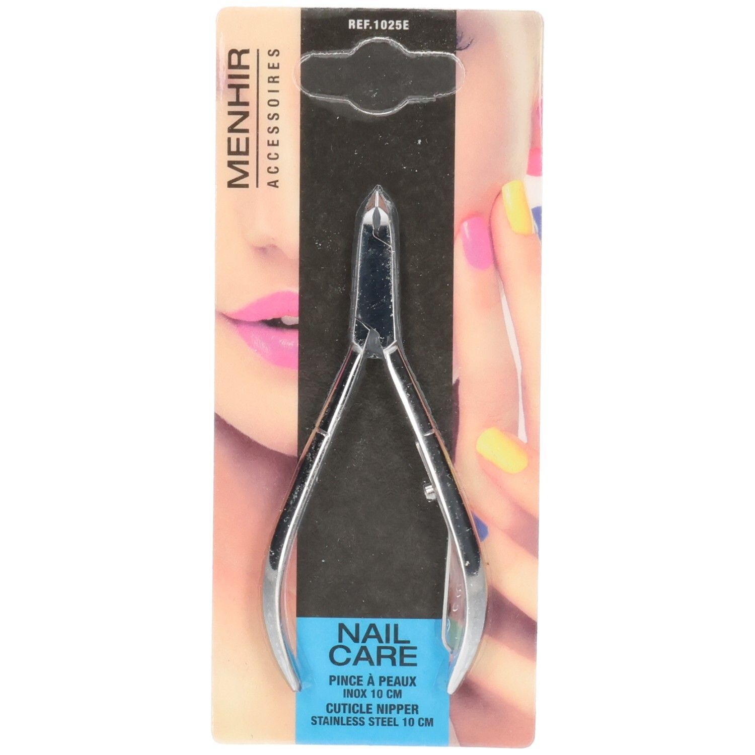 Nagelriemknipper, 10 cm, in verpakking. Merk Menhir Accessoires. Blauw-witte verpakking met productnaam.