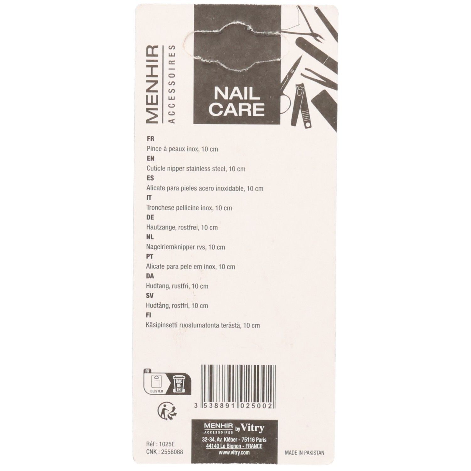 Achterkant van de verpakking. Productinformatie in meerdere talen. Merk Menhir Accessoires. Barcode en Vitry logo.