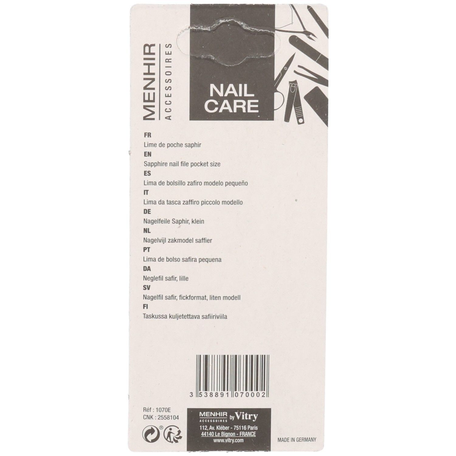 Achterkant van de verpakking. Tekst: Nail Care, Menhir Accessoires. Meertalige productbeschrijvingen. Streepjescode en fabrikant informatie.