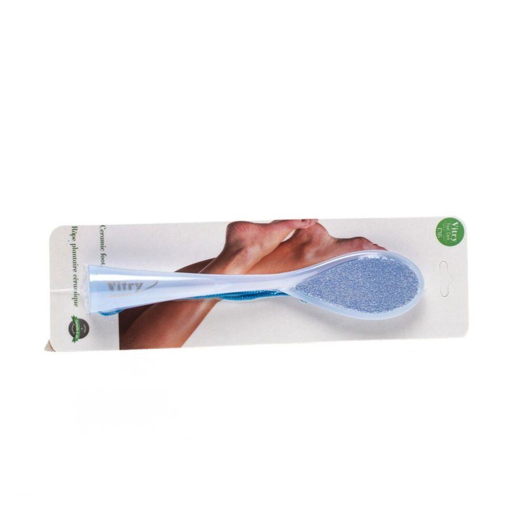 Voetvijl met handvat, blauw en wit. Op verpakking met productnaam Vitry. Keramische Pieda Pómez Diamante.