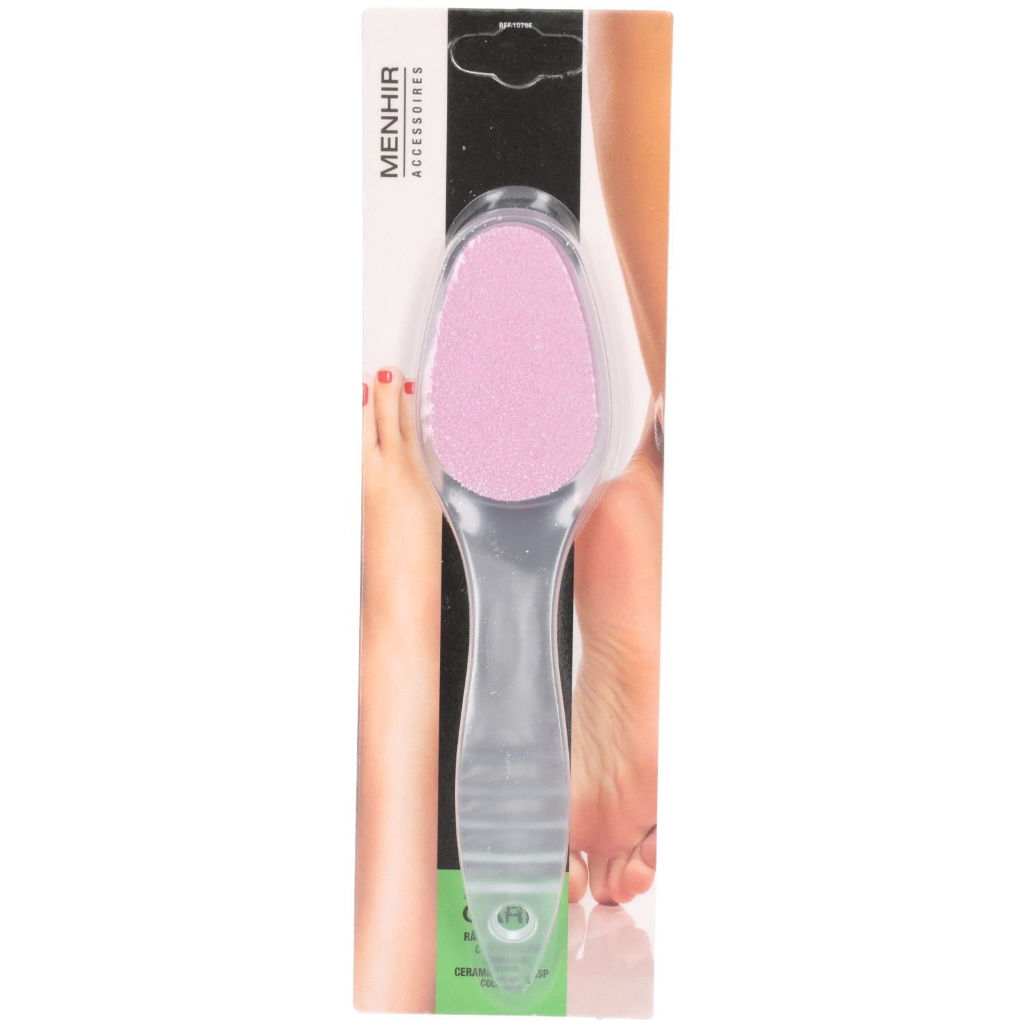 Voetrasp met handvat, roze keramisch oppervlak. Menhir Accessoires. Productverpakking met voet afbeelding.
