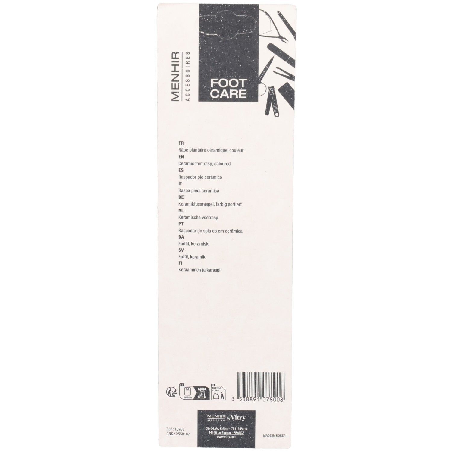Witte productverpakking met tekst: Menhir Accessoires, Foot Care. Bevat meertalige beschrijvingen.