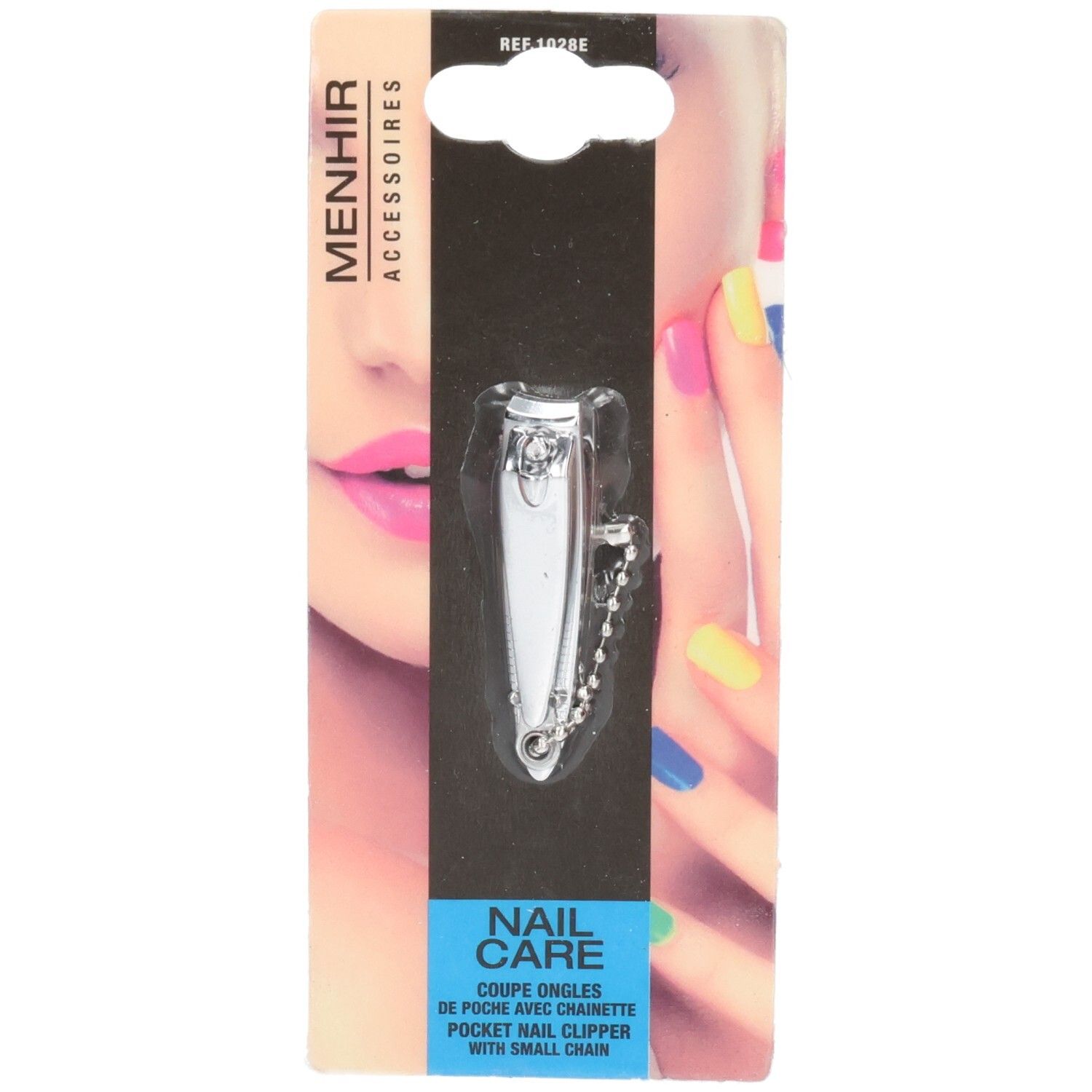 Nagelknipper met ketting, verpakking. Merk Menhir Accessoires. Blauwe en zilveren kleuren.