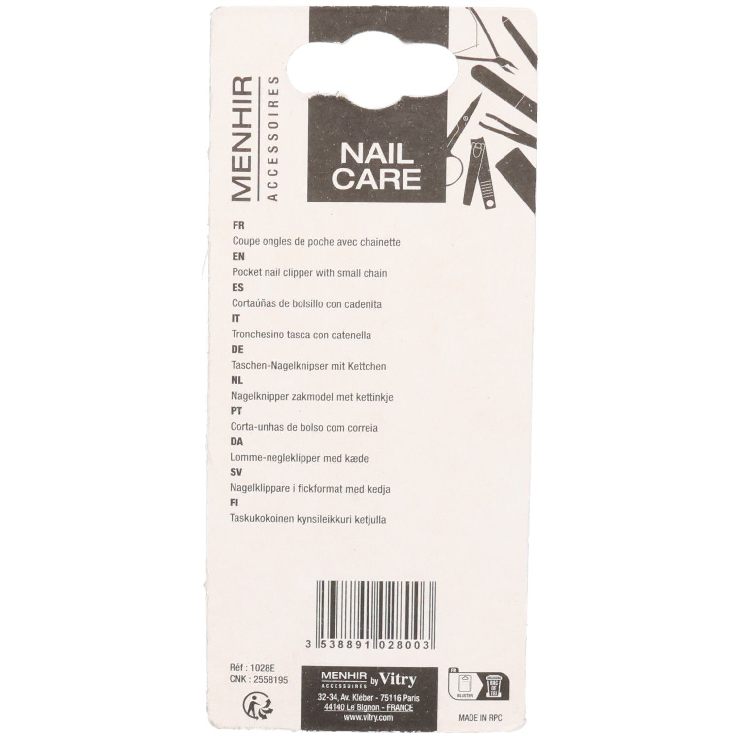 Dos de l'emballage. Texte: Nail Care, Menhir Accessoires. Descriptions multilingues du produit.
