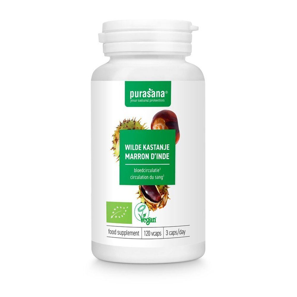 Witte fles met capsules. Groen-wit etiket met productnaam en illustraties. Vegan-keurmerk.