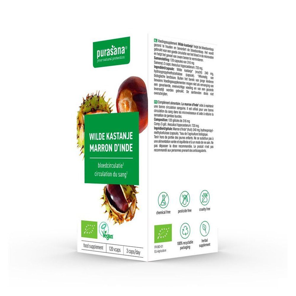 Emballage avec nom du produit et illustrations. Contient des informations multilingues. Label vegan.