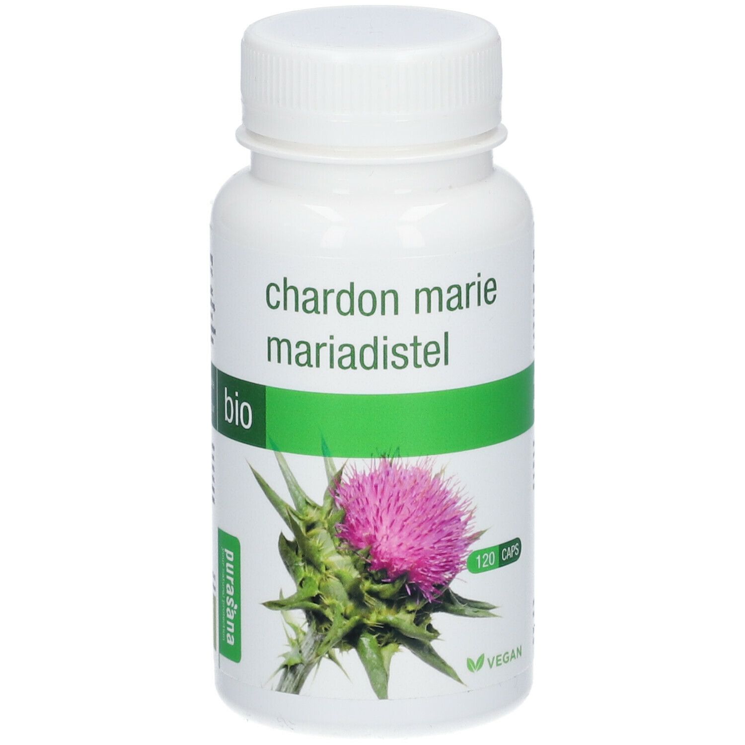 Witte fles met capsules. Opschrift: Chardon Marie, Bio. Illustratie van een distelbloem. Vegan-label.