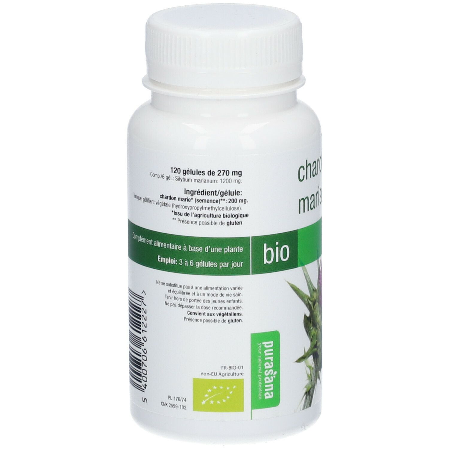 Achterkant van de fles met voedingswaarde en ingrediënten. Tekst in het Frans. Bio- en Vegan-labels.