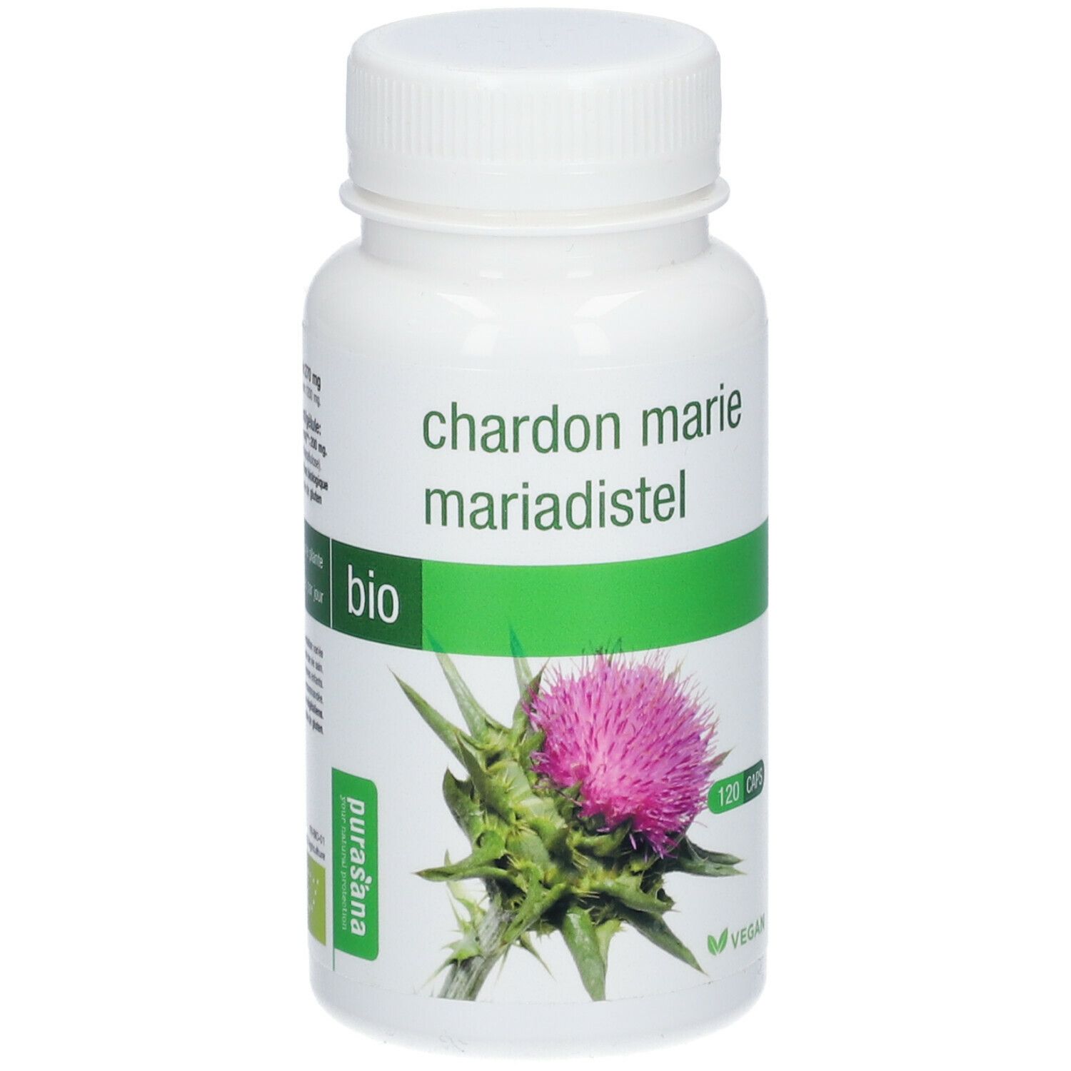 Witte fles met capsules. Opschrift: Chardon Marie, Bio. Illustratie van een distelbloem. Vegan-label.