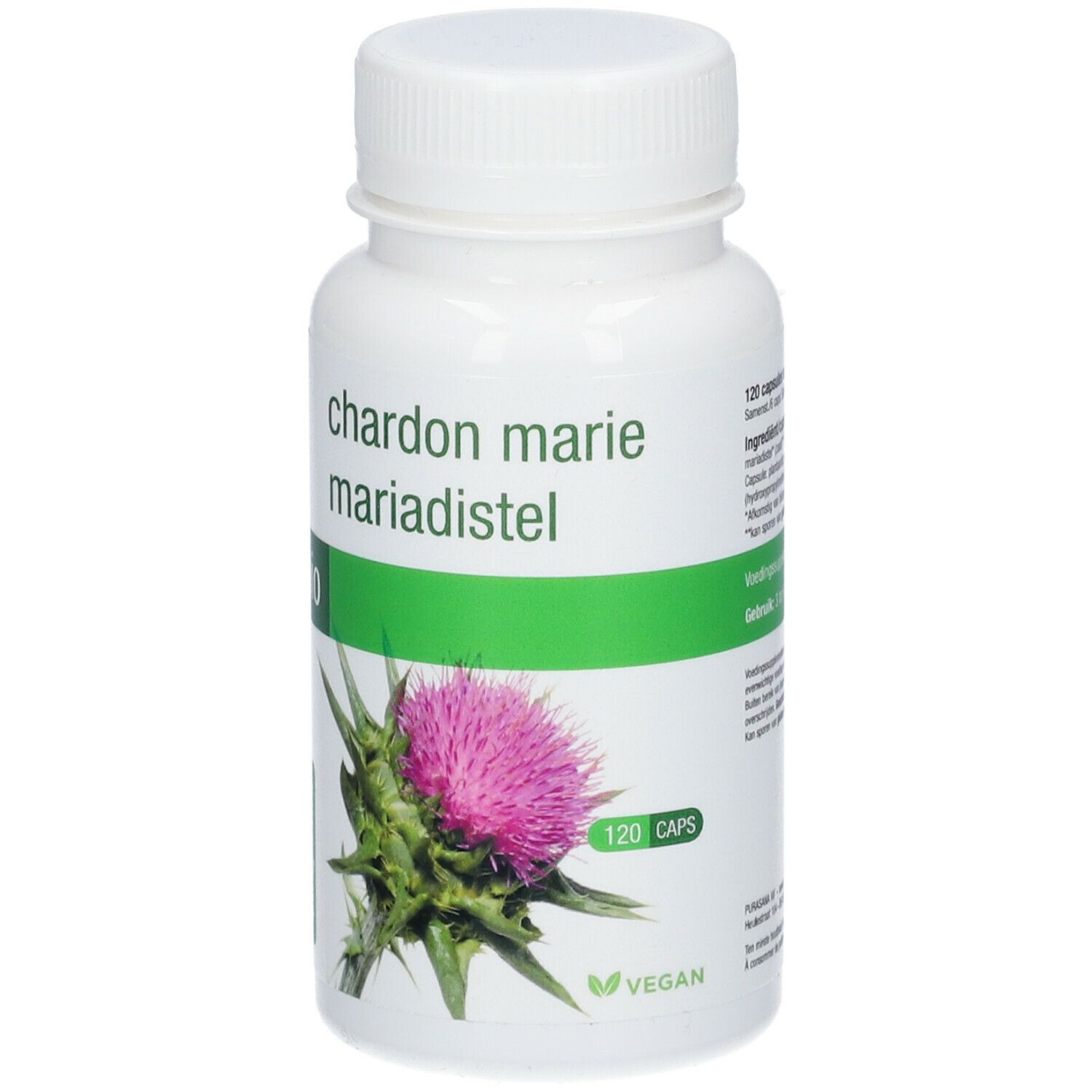 Witte fles met capsules. Opschrift: Chardon Marie, Bio. Illustratie van een distelbloem. Vegan-label.