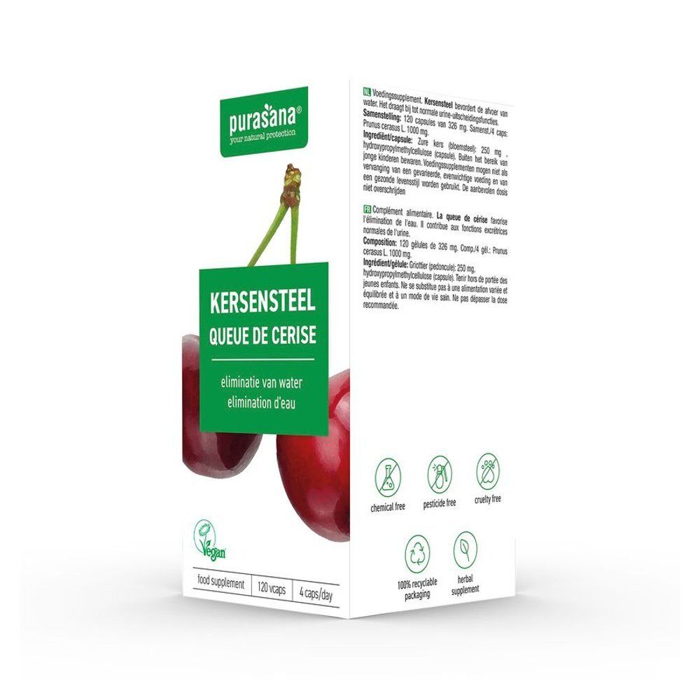 Kartonnen verpakking met groen etiket. Opschrift: Kersensteel Queue de Cerise. Vegan-zegel. 120 capsules. Tekst op achterkant.