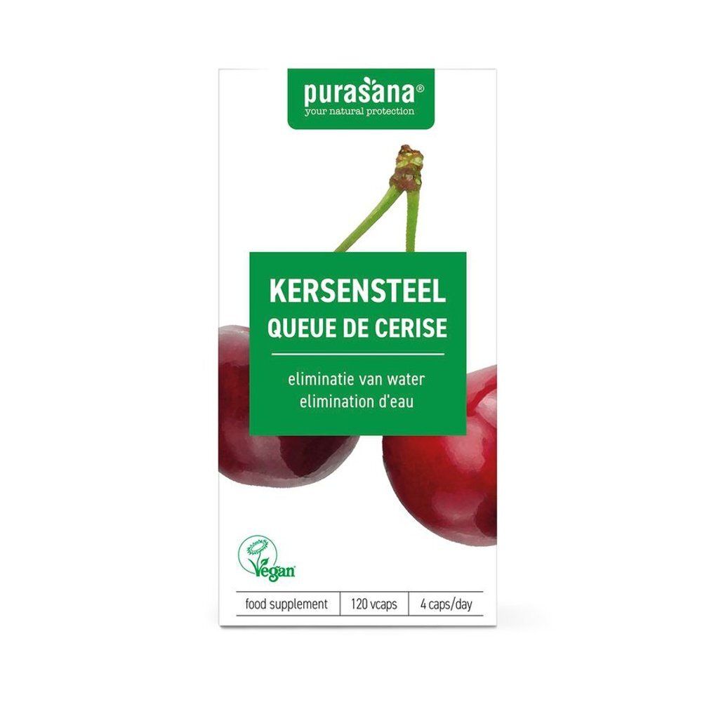 Kartonnen verpakking met groen etiket. Opschrift: Kersensteel Queue de Cerise. Vegan-zegel. 120 capsules.