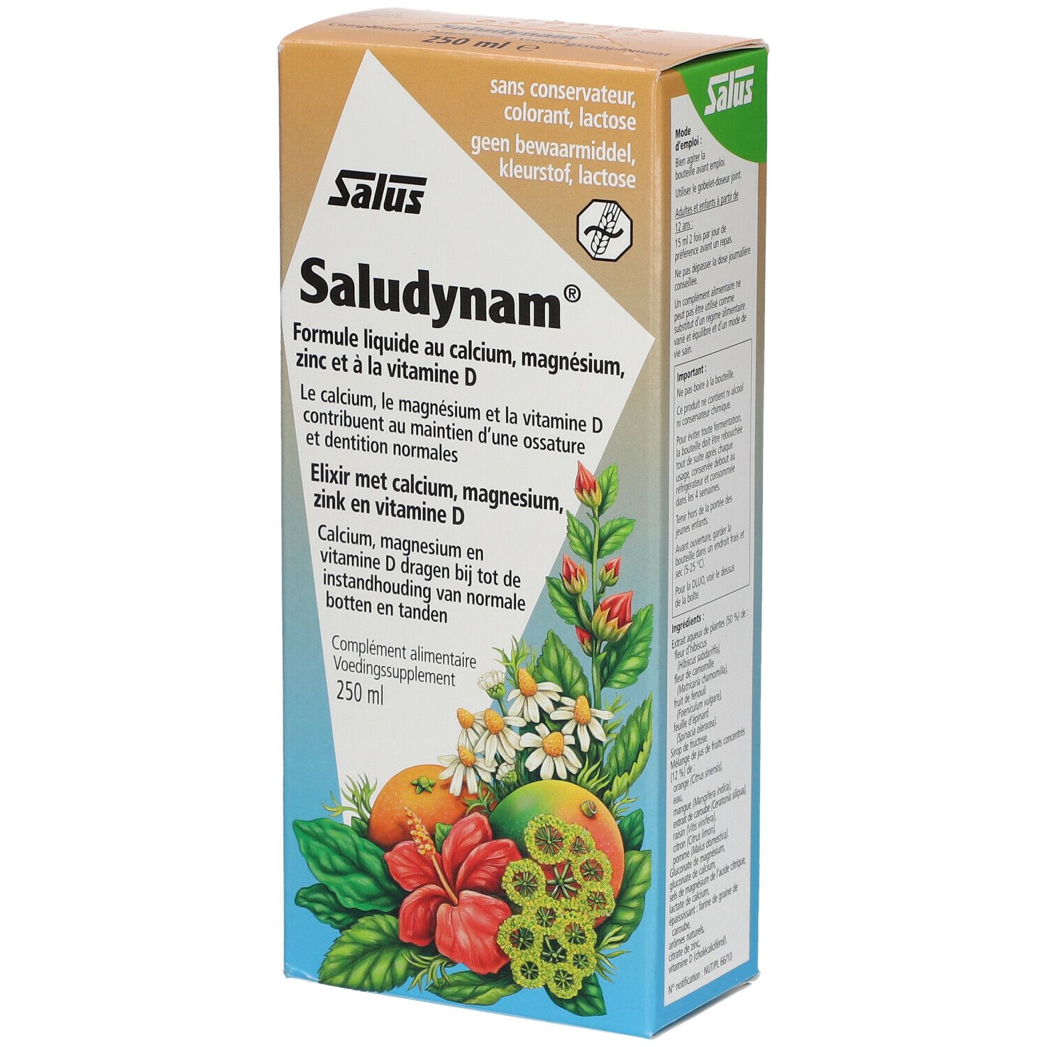 Boîte en carton Salus Saludynam®. Nom du produit, ingrédients et illustrations florales imprimés. 250 ml.