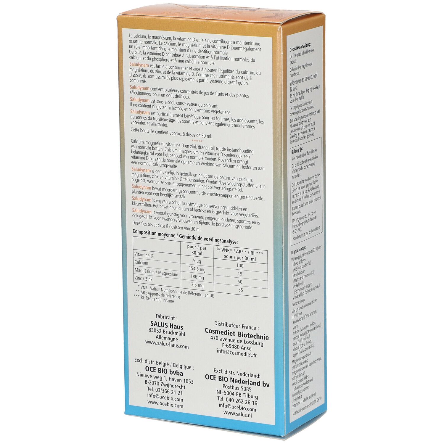 Dos de l'emballage Salus Saludynam®. Texte avec informations nutritionnelles et fabricant. Couleurs marron et blanc.