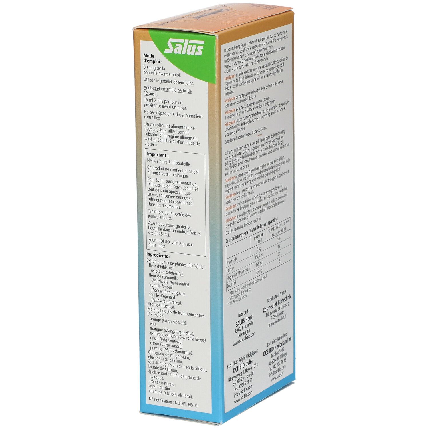 Côté de l'emballage Salus Saludynam®. Texte avec instructions d'utilisation et ingrédients. Couleurs marron et blanc.