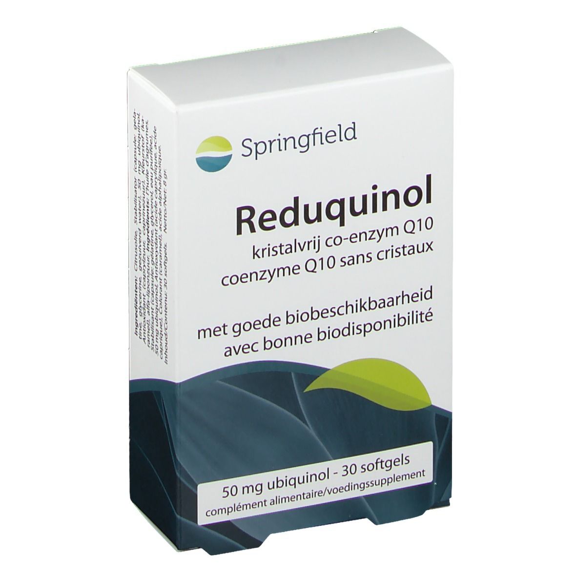 Doosje Springfield Reduquinol 50 mg. Opschrift: kristalvrij co-enzym Q10, 30 softgels. Witte verpakking met blauw design.