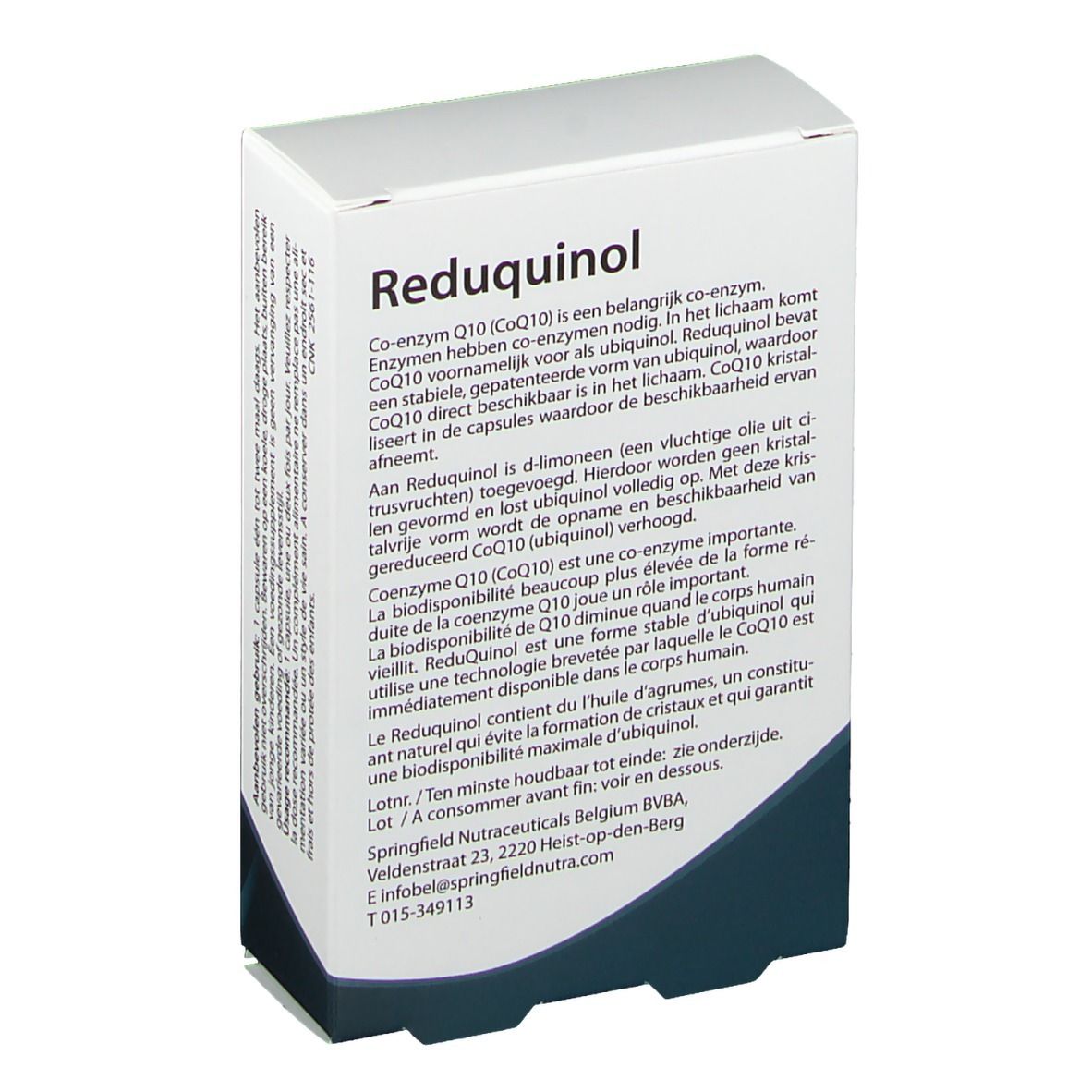 Achterkant van de doos Springfield Reduquinol 50 mg. Tekst in meerdere talen. Witte verpakking met blauw design.