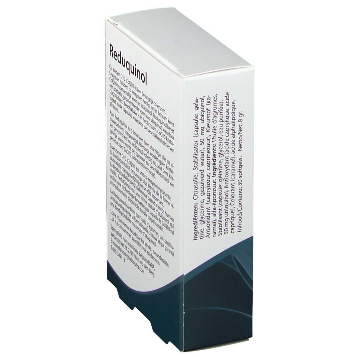 Doosje Springfield Reduquinol 50 mg, zijaanzicht met ingrediënten. Witte verpakking met blauw design.