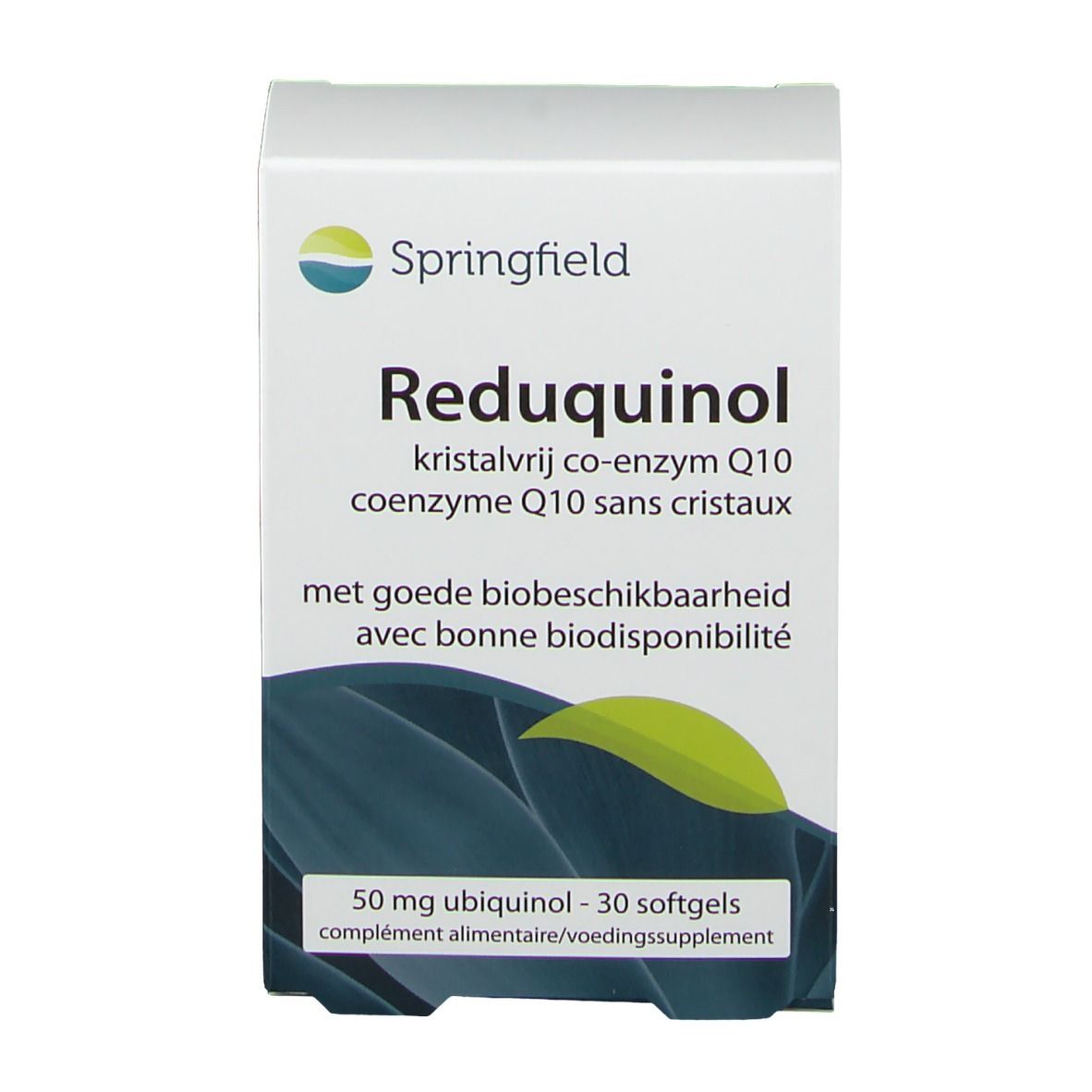 Doosje Springfield Reduquinol 50 mg. Opschrift: kristalvrij co-enzym Q10, 30 softgels. Witte verpakking met blauw design.