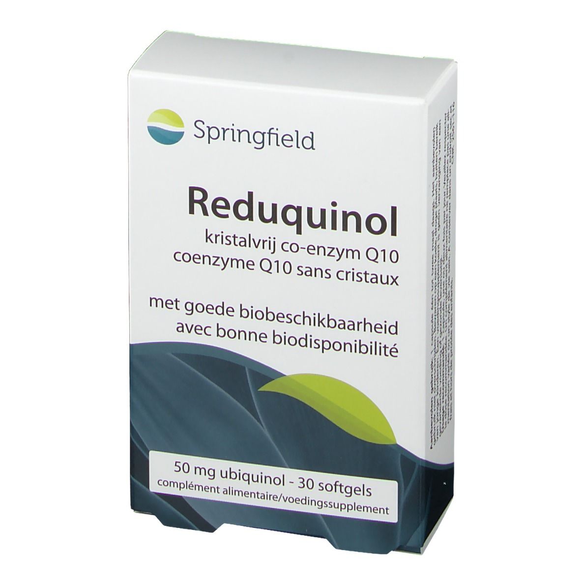 Doosje Springfield Reduquinol 50 mg. Opschrift: kristalvrij co-enzym Q10, 30 softgels. Witte verpakking met blauw design.