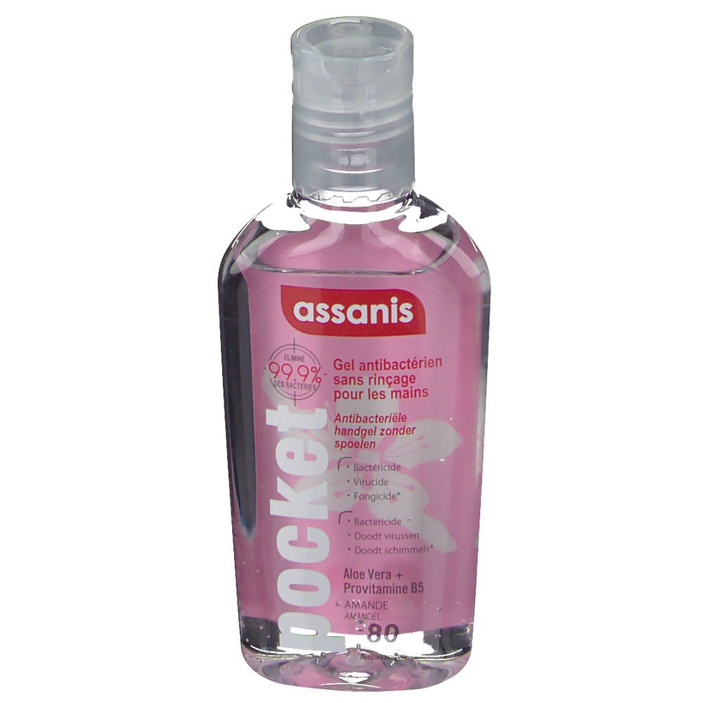Transparante fles met roze vloeistof. Opschrift: assanis, pocket, Gel antibactérien, 99,9%.