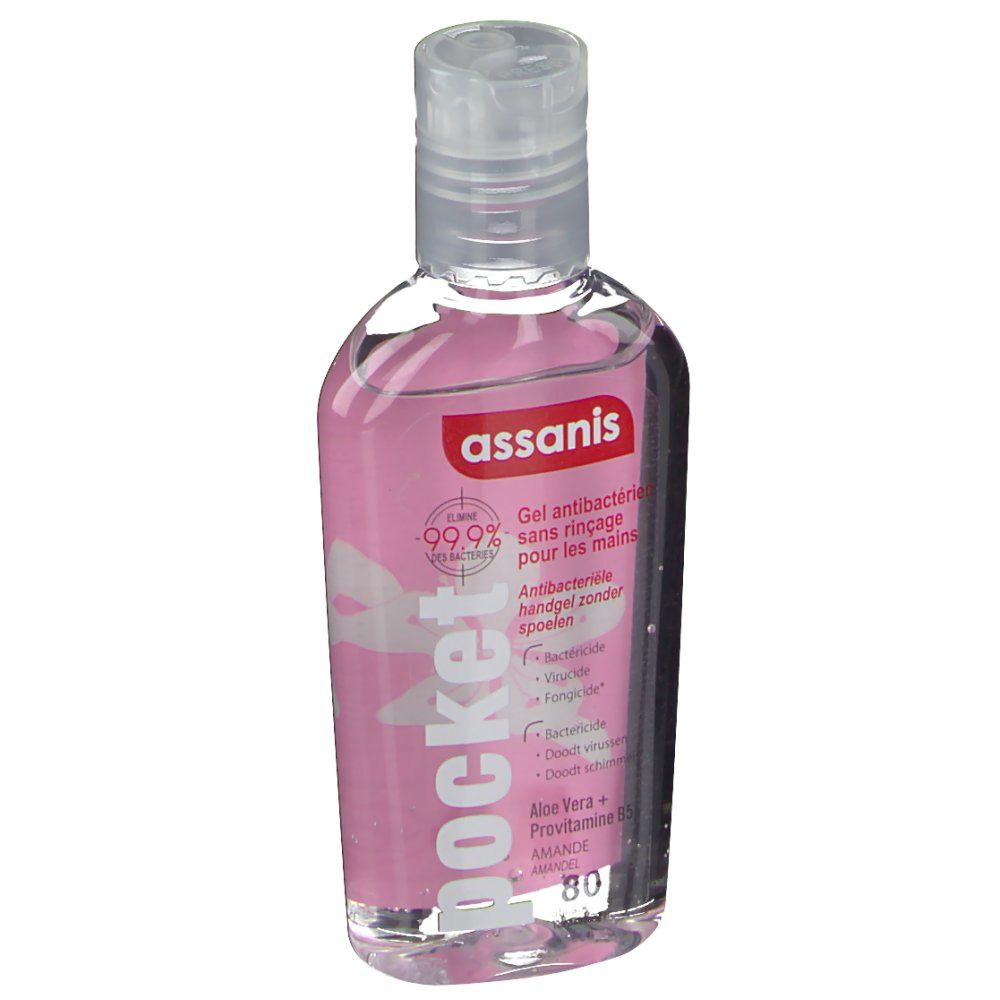 Transparante fles met roze vloeistof. Opschrift: assanis, pocket, Gel antibactérien, 99,9%.