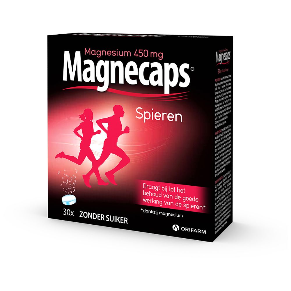 Zwarte doos Magnecaps Spieren. Rode silhouetten van hardlopers. 30 tabletten, zonder suiker. Tekst in het Nederlands.