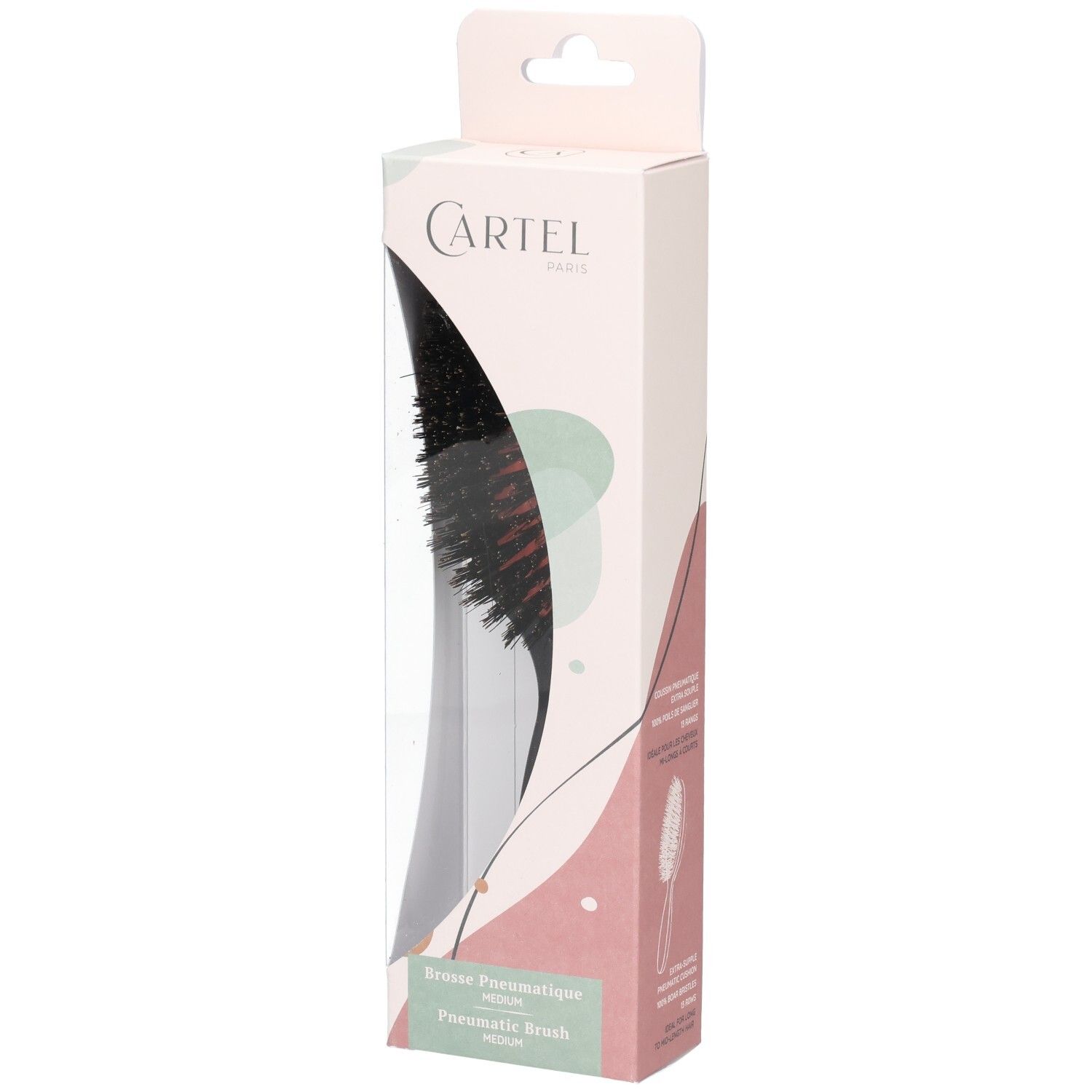 Brosse à cheveux pneumatique emballée avec poils naturels et manche ergonomique.