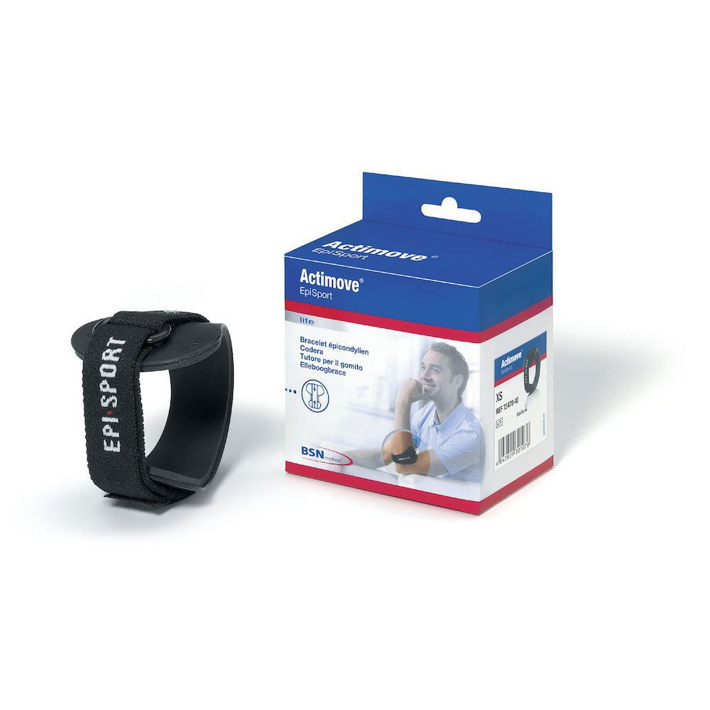 Actimove EPI Sport Bandage Epicondil XS. Zwarte bandage met klittenbandsluiting. Productverpakking met logo en productnaam.