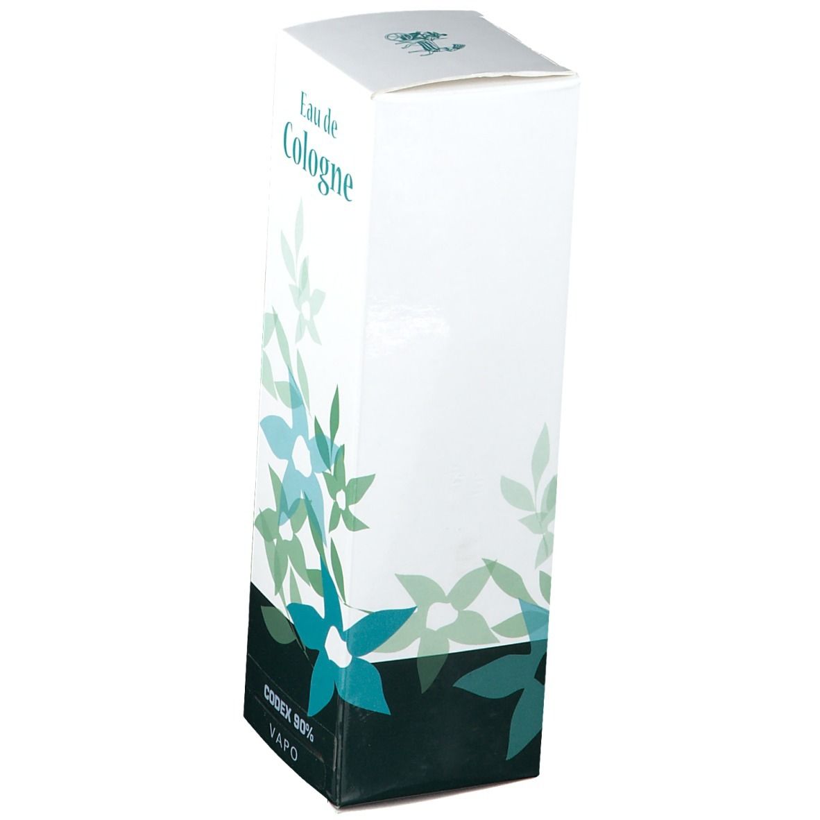 Boîte blanche avec motif floral et texte "Eau de Cologne". Bas avec "CODEX 90% VAPO".