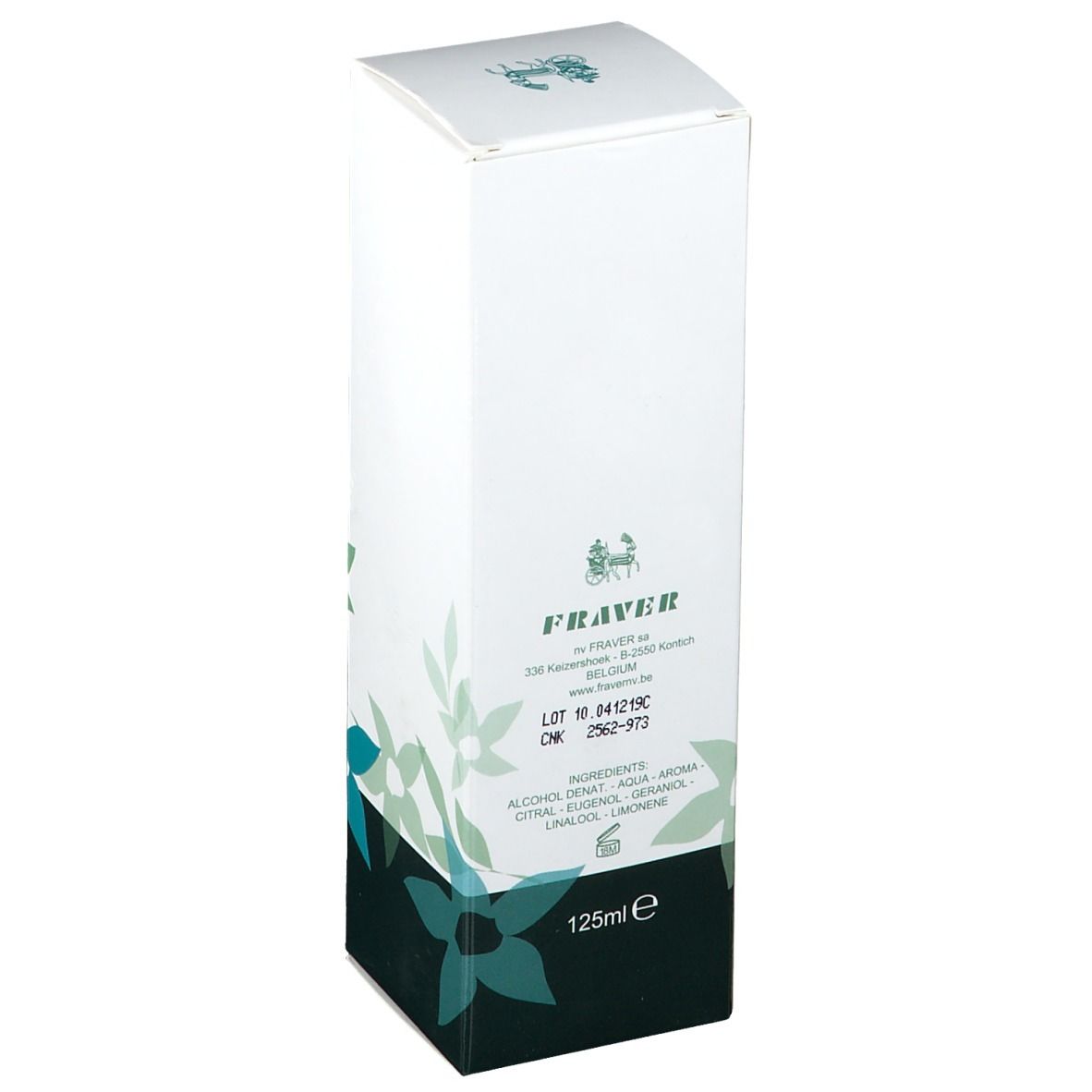 Boîte blanche avec motif floral. Arrière avec texte, dont "FRAVER" et ingrédients. Volume : 125ml.