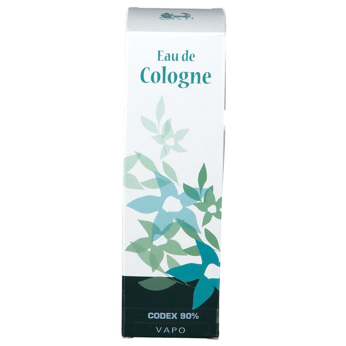 Boîte blanche avec motif floral et texte "Eau de Cologne". Bas avec "CODEX 90% VAPO".