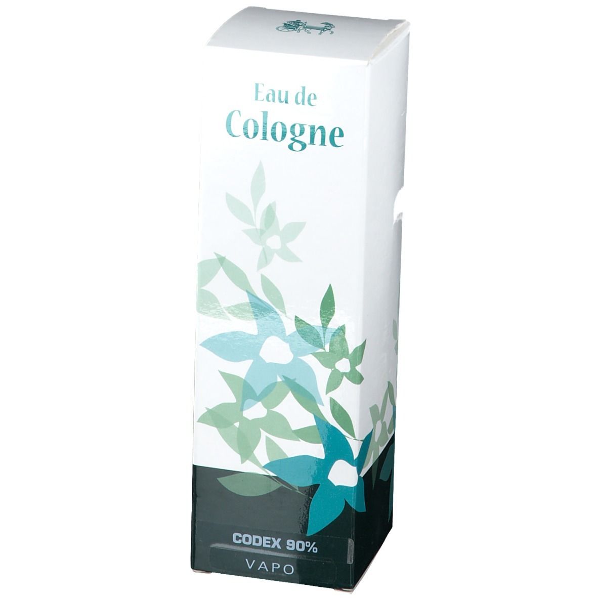 Boîte blanche avec motif floral et texte "Eau de Cologne". Bas avec "CODEX 90% VAPO".