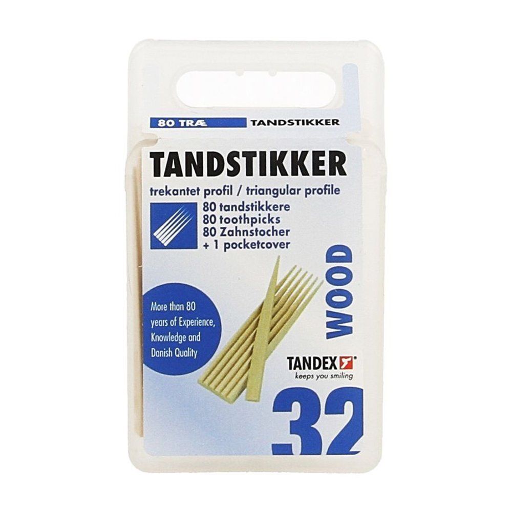 Transparante verpakking met tandenstokers. Merk Tandex. Bevat 80 stuks. Driehoekig profiel. Met een etui.
