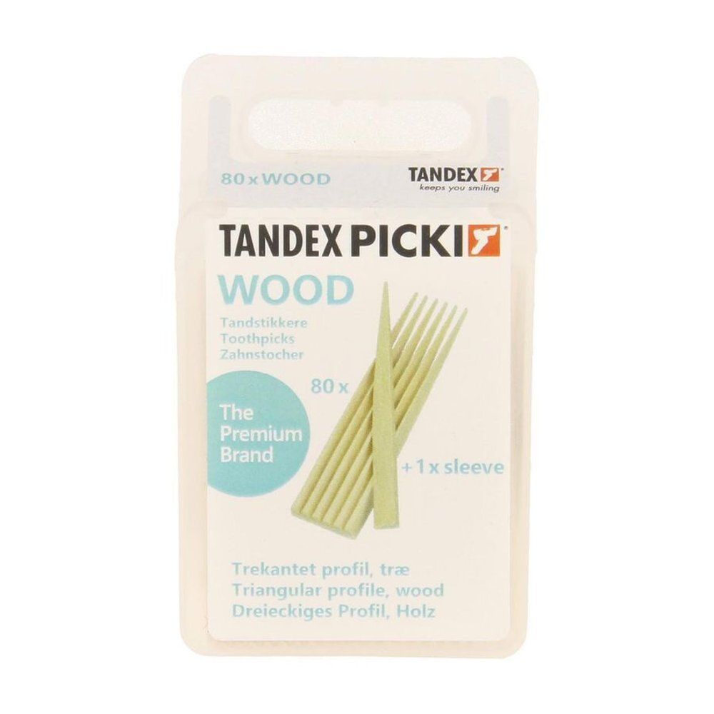 Transparante verpakking met tandenstokers. Merk Tandex. Bevat 80 stuks. Driehoekig profiel. Met een etui.