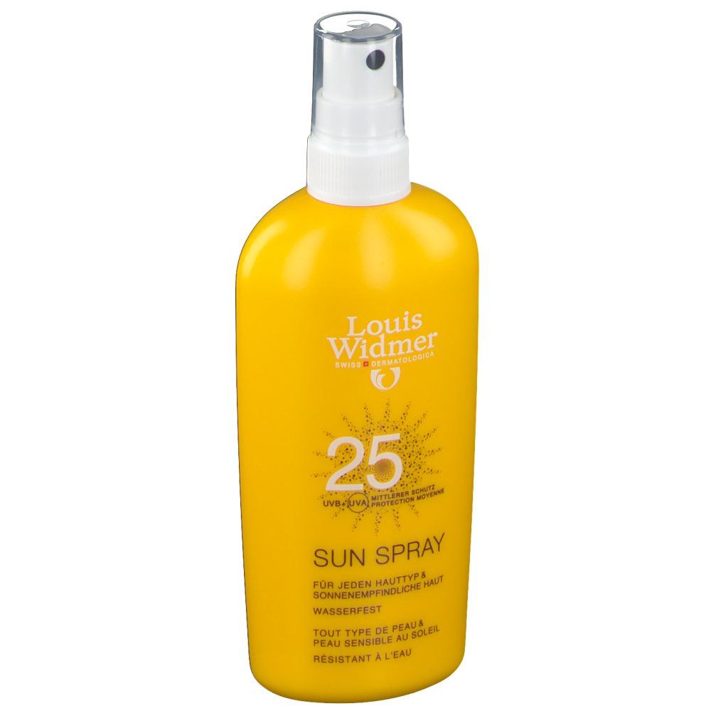 Gele sprayfles met witte sproeikop. Opschrift: Louis Widmer, 25, Sun Spray, UVB+UVA, voor alle huidtypes.