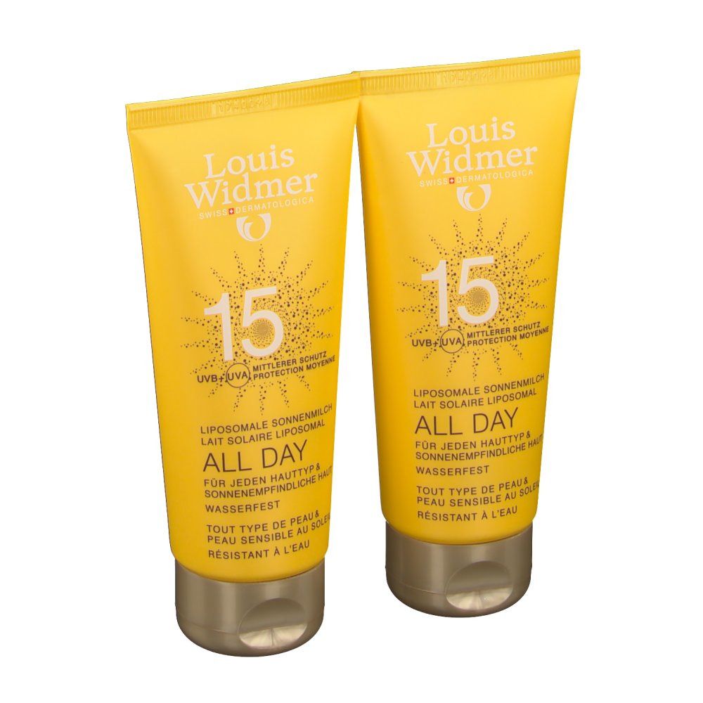 Twee gele tubes met goudkleurige doppen. Opdruk: Louis Widmer, 15, All Day.