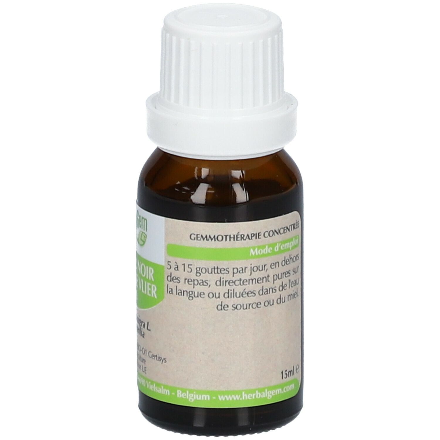 Flacon en verre brun avec bouchon blanc. Étiquette avec texte et logo HerbalGem. 15ml.