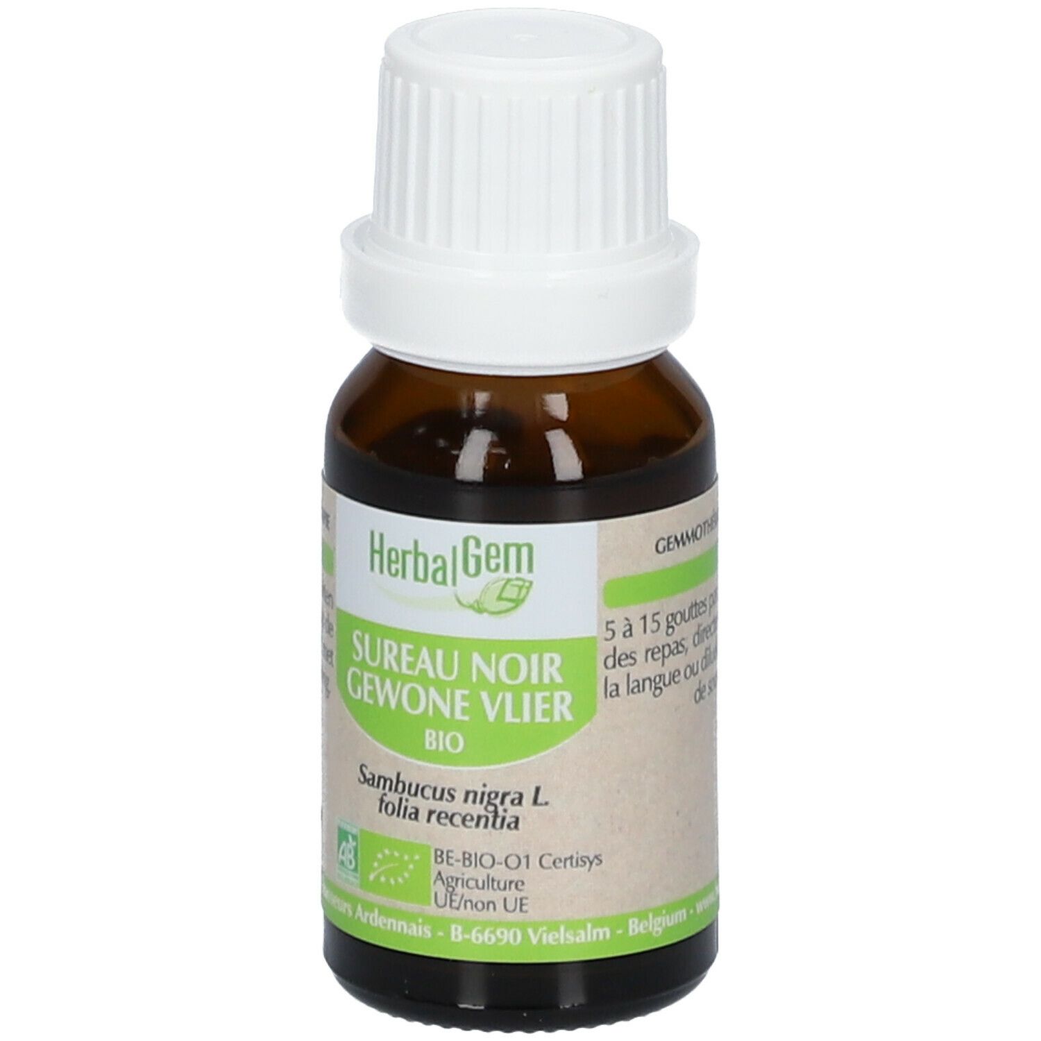 Flacon en verre brun avec bouchon blanc. Étiquette avec texte et logo HerbalGem. Certification bio.