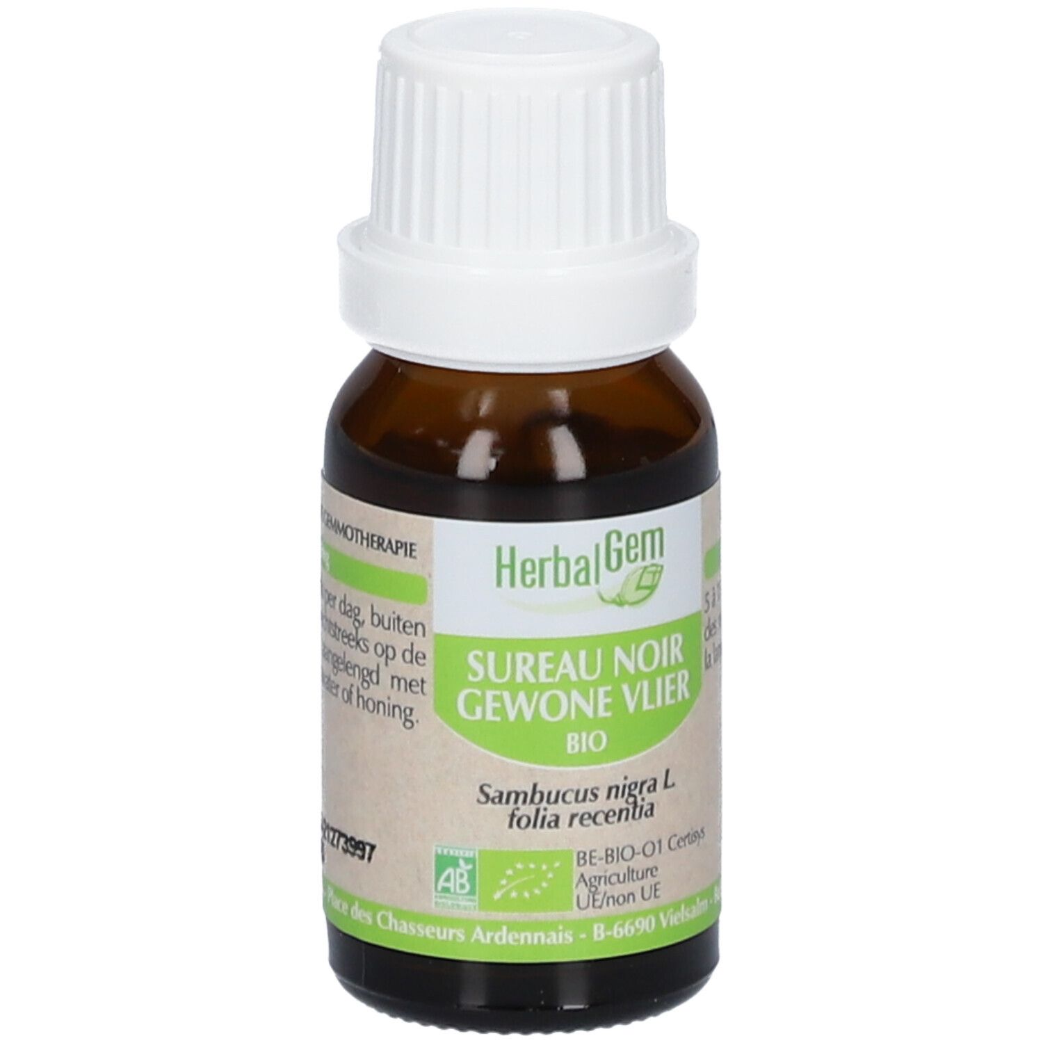 Flacon en verre brun avec bouchon blanc. Étiquette avec texte et logo HerbalGem. Certification bio.