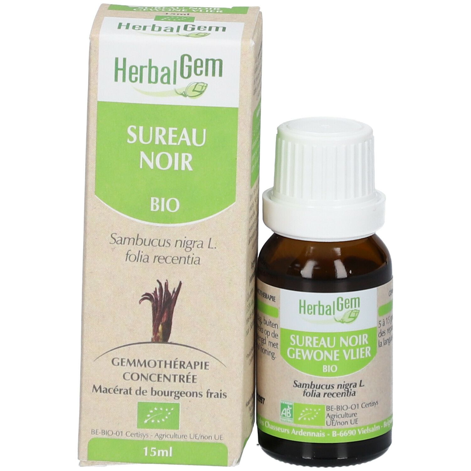 Emballage et flacon. Emballage avec texte et logo HerbalGem. Flacon avec bouchon blanc.