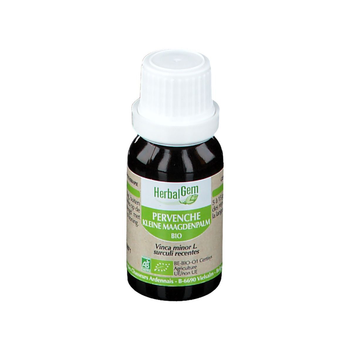 Bruine glazen fles met witte dop. Etiket met tekst en logo. Bio-certificering.